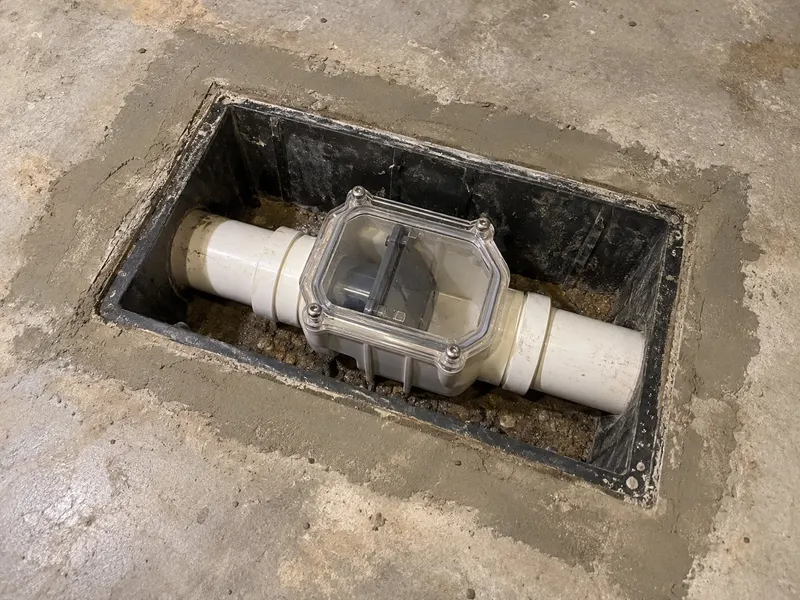 Basement floor cut open with a backwater valve body glued into the main drain and a round access lid beside it