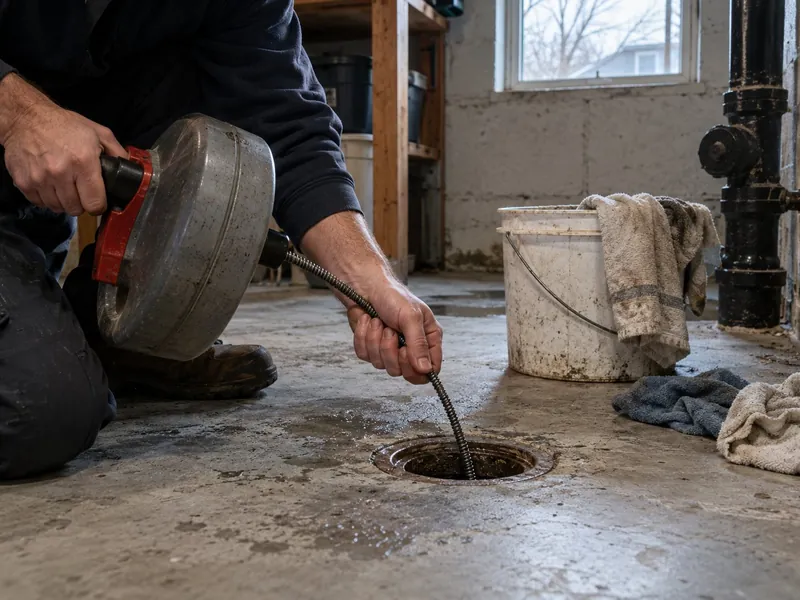 Hand feeding a drum auger cable into a basement floor drain, a bucket and rags beside it