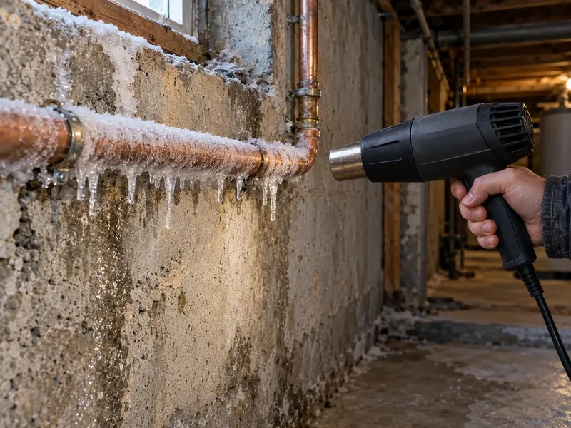 Copper pipe along an uninsulated basement wall covered in white frost, a pair of gloved hands beside a shut-off valve
