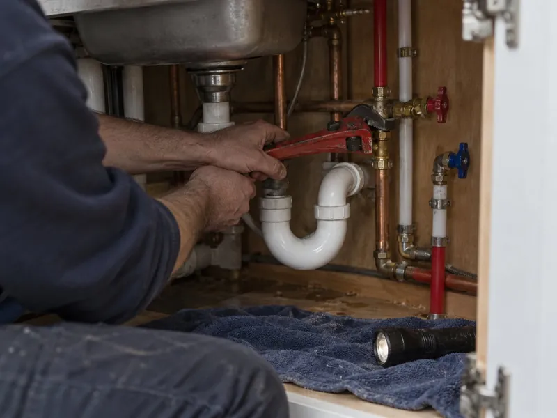 Hands turning a red pipe wrench on a P-trap under a kitchen sink, copper and PEX lines with shut-off valves