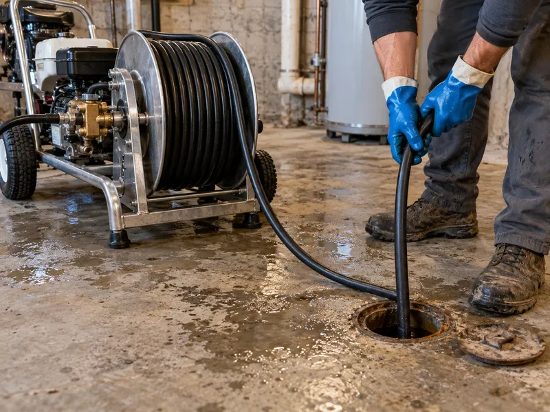 Jetting hose with a nozzle head fed into a basement clean-out, a hose reel and a wet floor mat nearby