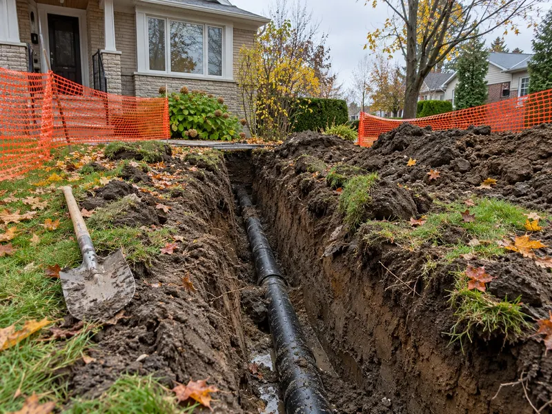 Open excavation beside a house foundation with an old clay sewer pipe and a new section laid next to it
