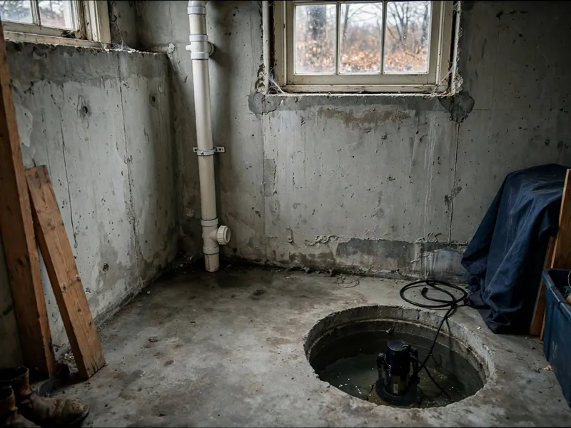 Open sump pit with a pump in a basement corner, a white discharge pipe running up the concrete wall