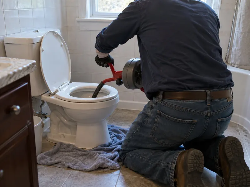 Bathroom with a toilet, the supply valve at the wall and a bucket and towels on the tile floor