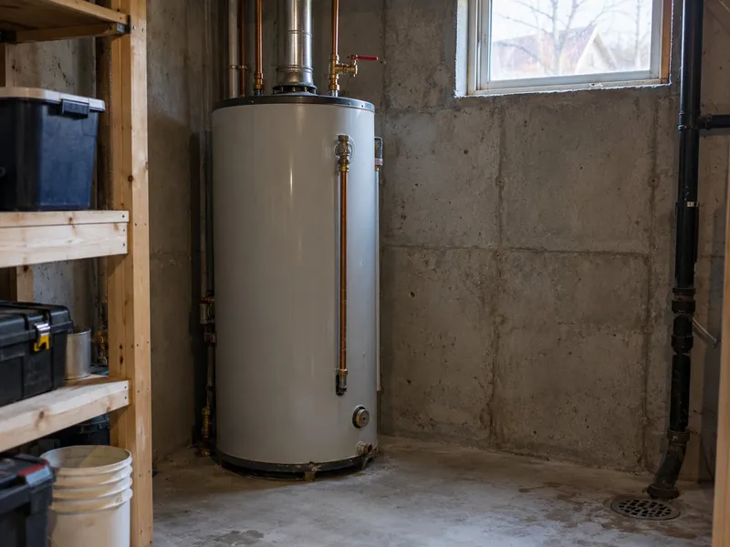 Tank water heater with copper lines and a vent pipe in an unfinished basement corner by a floor drain